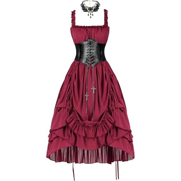 Dresses & Skirts - Women's Steampunk Victoria Cosplay Dress Solid Color Suspender Long Dress